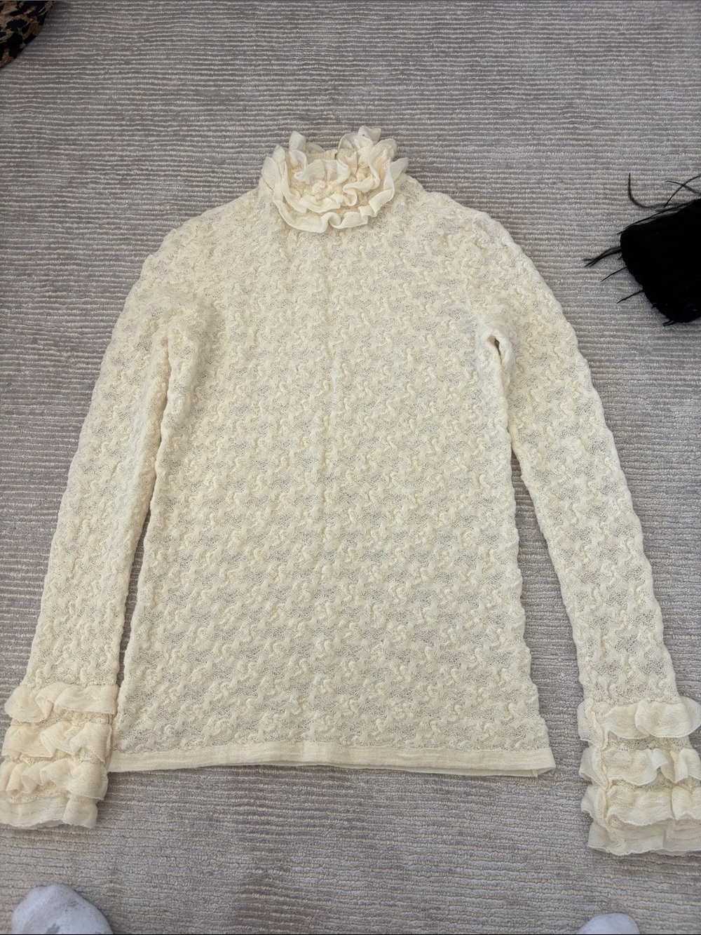 CHANEL Cream Ruffle Neck Knit Top
